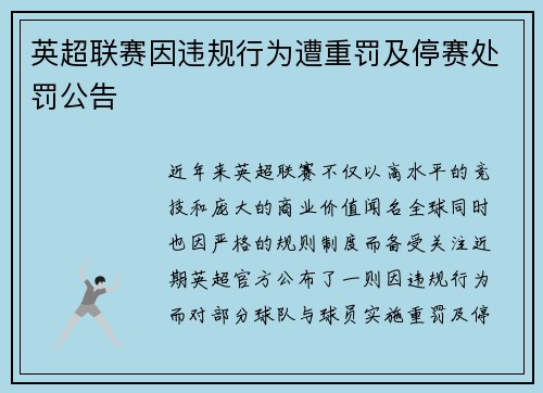 英超联赛因违规行为遭重罚及停赛处罚公告